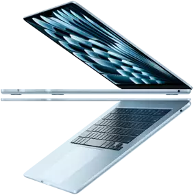 Two open MacBook Air laptops in Sky Blue color forming arrow shape, emphasizing narrow profile