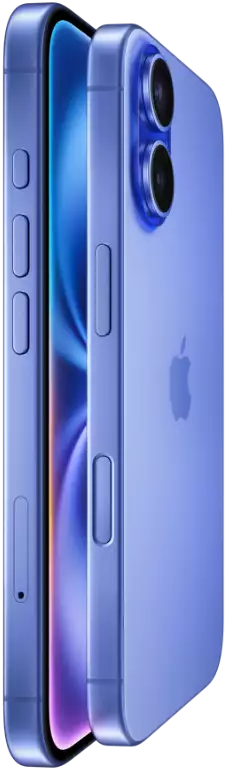 Two iPhone 16 devices, side exterior, stacked facing each other in Ultramarine finishes, volume buttons, Action button, Side button, Camera Control button, Apple logo in center, raised Advanced dual-camera system