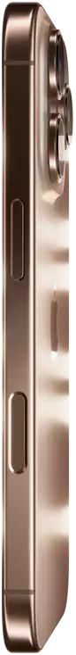 iPhone 16 Pro in Desert Titanium finish, side exterior, Apple logo in center, raised Pro camera system, Side button, Camera Control button