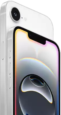 Side view of iPhone 16e in White finish, side exterior, action button, volume buttons and back Fusion camera