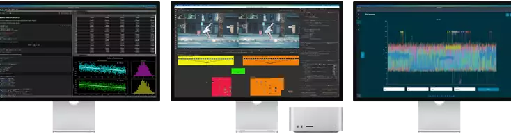 Mac Studio and three Studio Displays, all featuring different macOS apps on screen