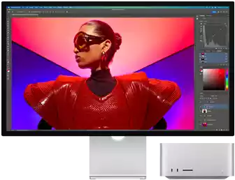 A vibrant photo being edited using a Mac Studio and Studio Display