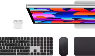 Mac accessories: AirPods, Studio Display, Black Magic Keyboard with Touch ID, Black Magic Mouse, and Black Magic Trackpad