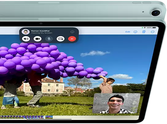 iPad Air with 12MP Ultra Wide front camera showing SharePlay feature in FaceTime