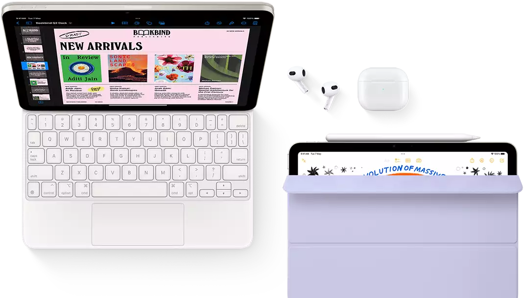 iPad Air attached to Magic Keyboard, with Airpods Pro, Apple Pencil Pro, and Smart Folio accessories