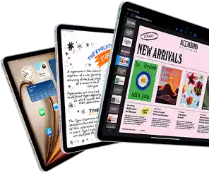 Three iPad Air displays showing iPadOS and apps features