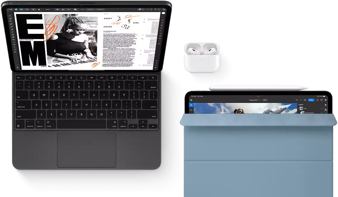 iPad Pro with Magic Keyboard, Airpods Pro. Another iPad with Apple Pencil and Smart Folio